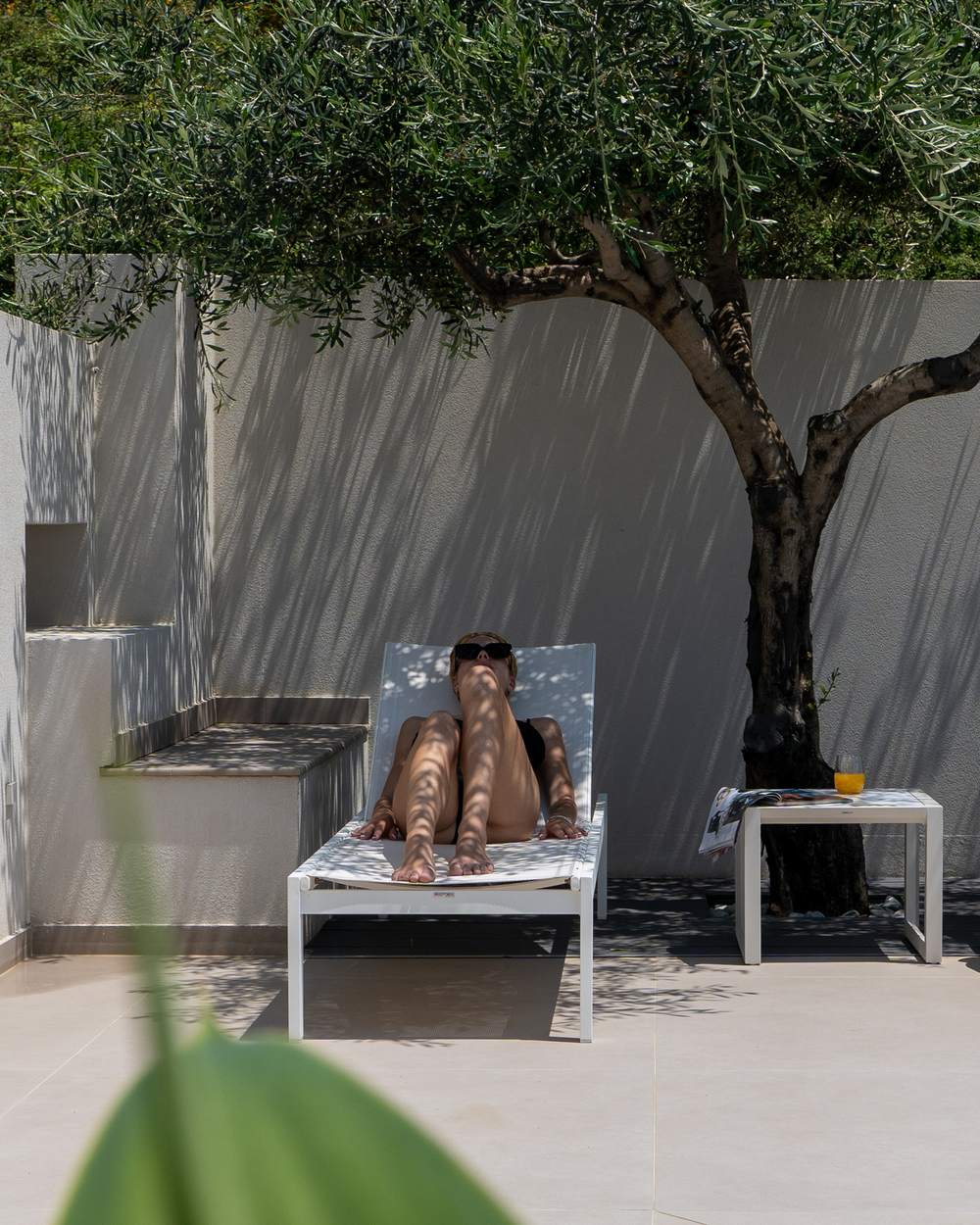 Lifestyle shot by the olive tree at a Lefkada villa