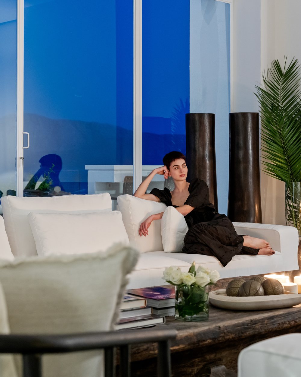 Villa lounge at blue hour in Lefkada